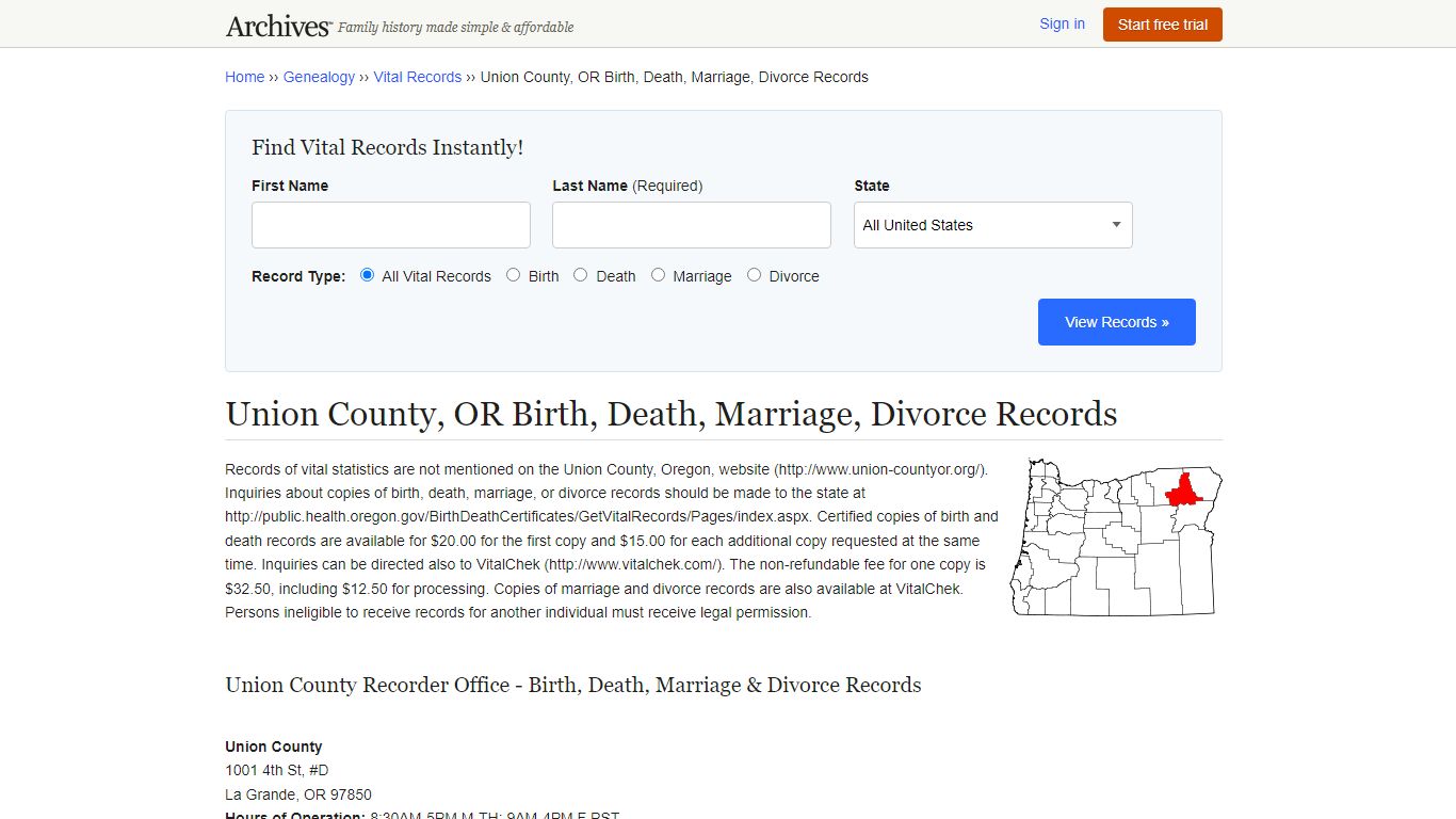 Union County, OR Birth, Death, Marriage, Divorce Records