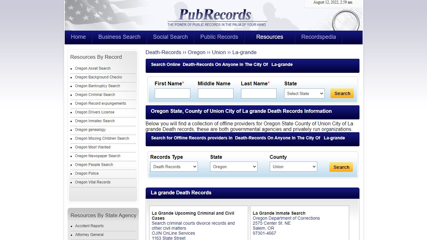 La grande, Union County, Oregon Death Records